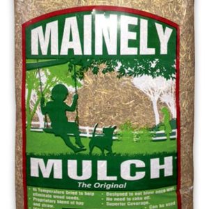 A clear plastic bag of Mainely Mulch heat treated chopped hay with a silhouette logo of a child on a swing with a dog and product information.