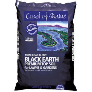 Dark purple plastic bag of Coast of Maine Monhegan blend Black Earth potting soil. A watercolor type picture of a coastal landscape and the stamps for OMRI listed and approved for organic growers are in white font.