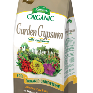Brown and white plastic bag or Organic Garden Gypsum from Espoma. A colorful image of a flower garden is on the front center of the bag. Loosens clay soils and promotes root growth.